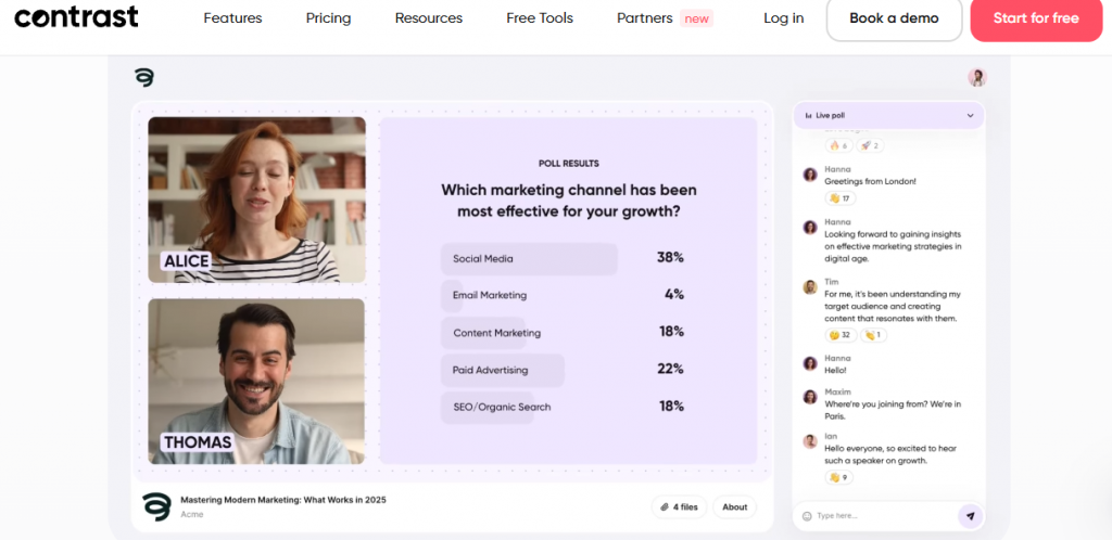 Contrast interactive webinar platform showing live poll results and attendee chat engagement feed