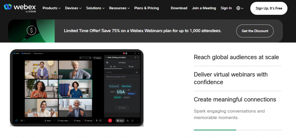 Webex Webinars interface showing Slido polls and Q&A for enterprise interactive webinar platforms
