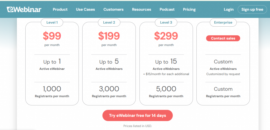 eWebinar pricing tiers showing $99, $199 and $299 monthly plans with registrant limits