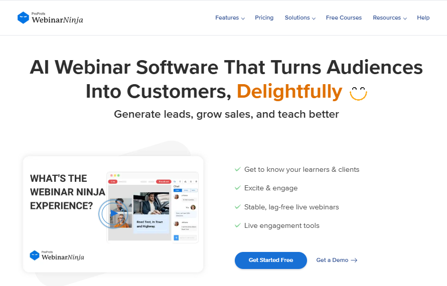 WebinarNinja homepage promoting AI webinar software with lead generation, live engagement tools, and lag-free webinars