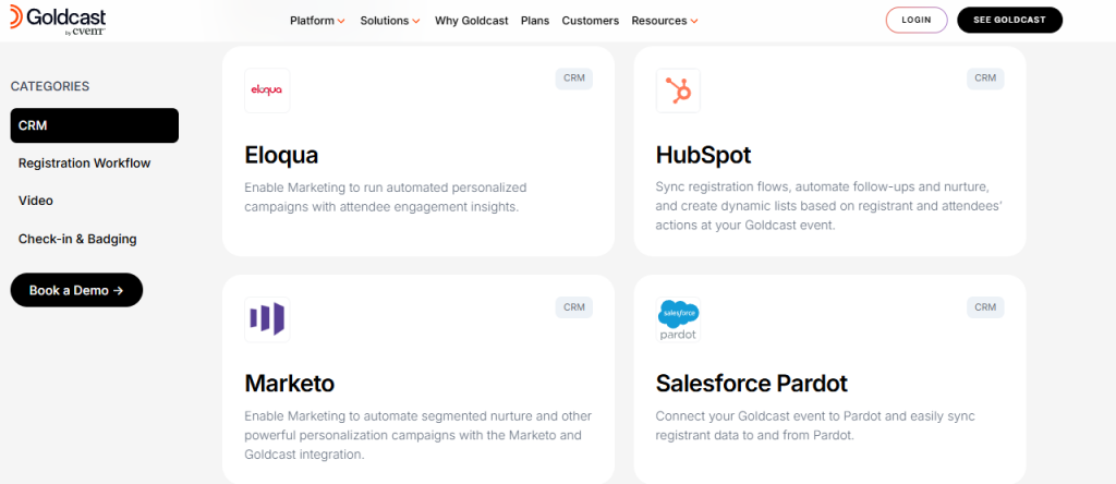 Goldcast CRM integrations page featuring Eloqua, HubSpot, Marketo, and Salesforce Pardot connections