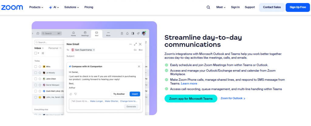 Zoom Webinars integration with Microsoft Outlook and Teams shown inside the Zoom Workplace email interface