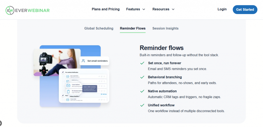 EverWebinar reminder flows showing set-once email and SMS follow-up with behavioral branching and native CRM automation