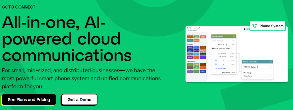 GoTo Connect webpage promoting all-in-one AI-powered cloud communications and phone system for businesses