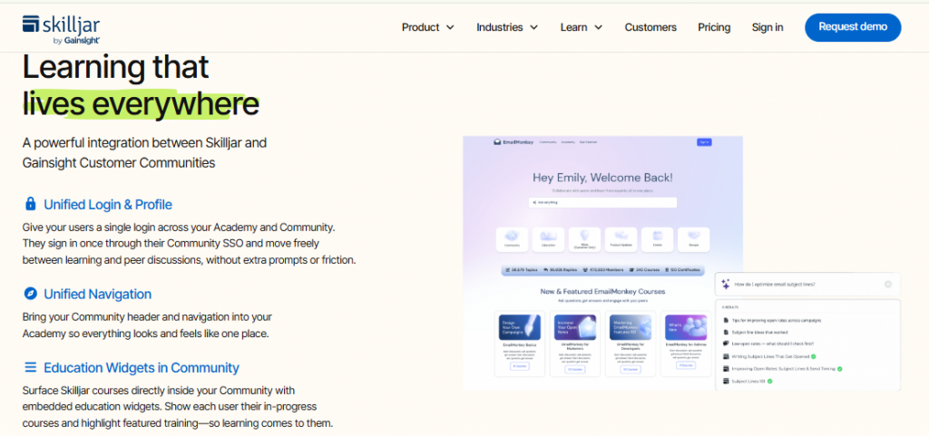 Skilljar customer education platform integrated with Gainsight Community showing unified login and embedded course widgets