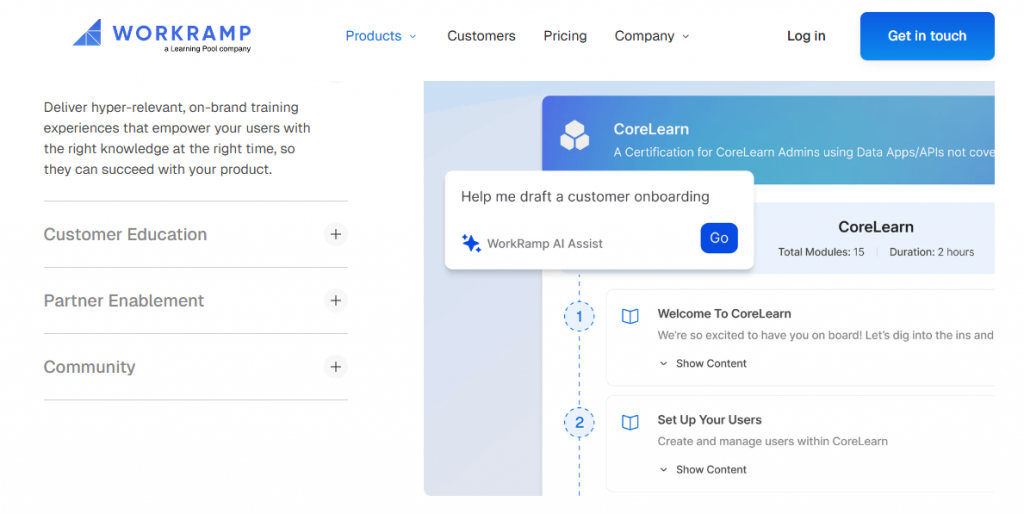 WorkRamp customer education platform showing CoreLearn onboarding course modules and AI Assist authoring feature
