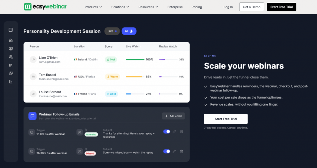 EasyWebinar dashboard scoring live webinar attendees and automating post-webinar follow-up emails for coaches